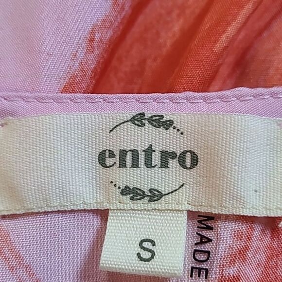 Entro Pink & Orange Midi-Dress, Short Puff Sleeves, Tie Waist, Size Small - Picture 8 of 9